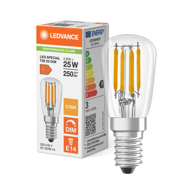LED Special T26 25 300° Filament DIM 2.8W 827 Clear E14 Combo Shot = Product Beauty Shot + Packaging Image