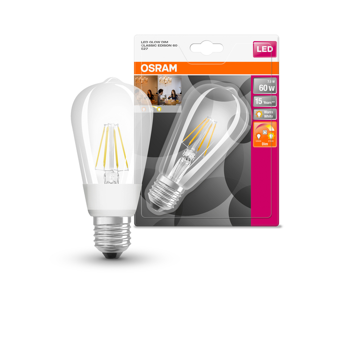SST CLAS ST 60 GLOWdim 7 W/2200…2700 K E27  Scatto combinato = Scatto Product Beauty + immagine della confezione