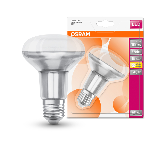 ST R80 100 36 ° 9.1 W/2700 K E27  Scatto combinato = Scatto Product Beauty + immagine della confezione