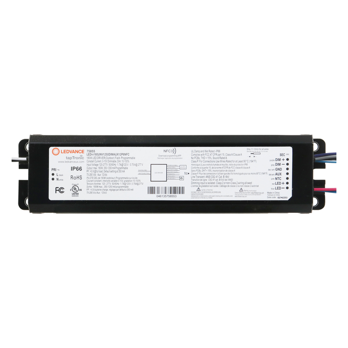 LED NFC PROGRAMMABLE DRIVER OUTDOOR 180W UNV 1250mA DIM AUX12 IP65 white, horizontal