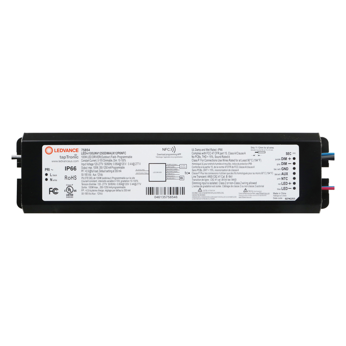 LED NFC PROGRAMMABLE DRIVER OUTDOOR 100W UNV 1250mA DIM AUX12 IP65 white, horizontal