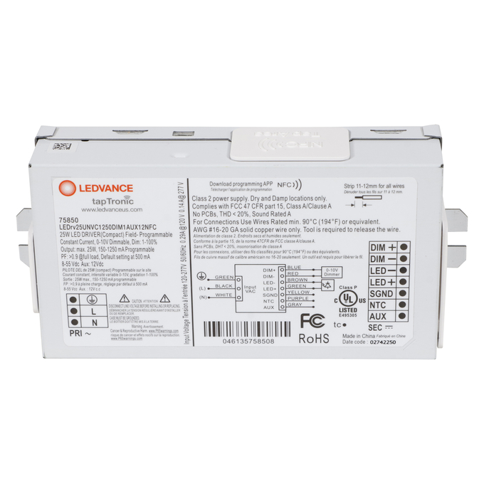 LED NFC PROGRAMMABLE DRIVER COMPACT 25W UNV 1250mA DIM1 AUX12 F-CAN white, horizontal