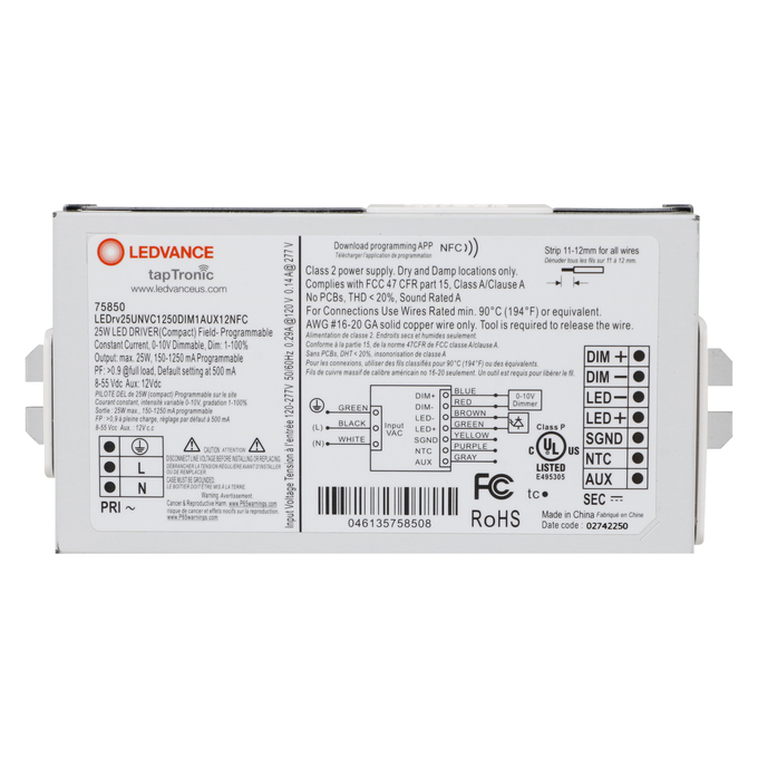 LED NFC PROGRAMMABLE DRIVER COMPACT 25W UNV 1250mA DIM1 AUX12 F-CAN white, horizontal